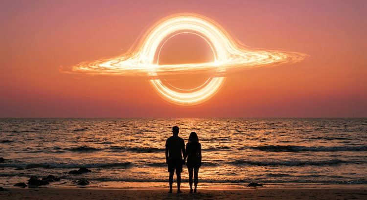 Abstract landscape with glowing circular cosmic object and vibrant color waves